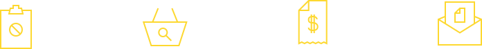 Paper clip icon, a search basket icon, a paper with dollar sign icon, and a mail icon